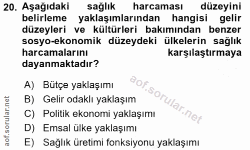 20. soru: Aşağıdaki sağlık harcaması düzeyini belirleme yaklaşımlarından hangisi gelir düzeyleri ve kültürleri bakımından benze…