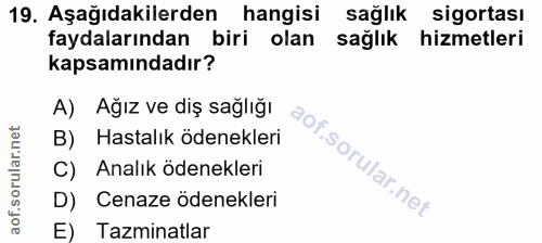 19. soru: Aşağıdakilerden hangisi sağlık sigortası faydalarından biri olan sağlık hizmetleri kapsamındadır? A) Ağız ve diş sağl…