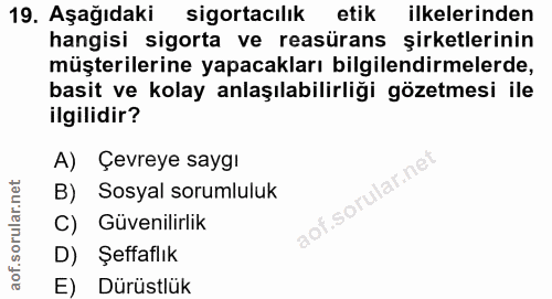 19. soru: Aşağıdaki sigortacılık etik ilkelerinden hangisi sigorta ve reasürans şirketlerinin müşterilerine yapacakları bilgile…