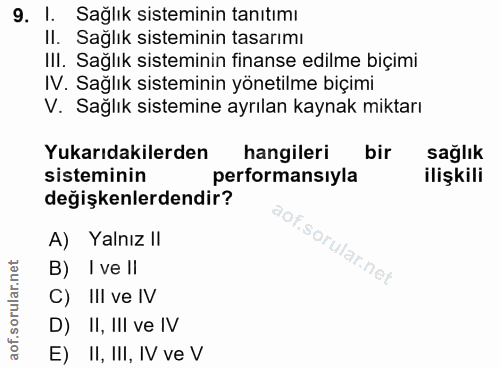 9. soru: l. Sağlık sisteminin tanıtımı II. Sağlık sisteminin tasarımı III. Sağlık sisteminin finanse edilme biçimi IV. Sağlık…
