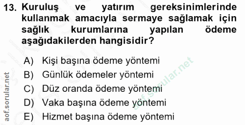 13. soru: Kuruluş ve yatırım gereksinimlerinde kullanmak amacıyla sermaye sağlamak için sağlık kurumlarına yapılan ödeme aşağıd…