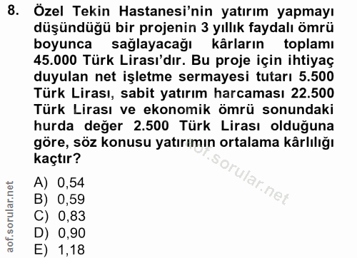 8. soru: Özel Tekin Hastanesi'nin yatırım yapmay! düşündüğü bir projenin 3 yıllık faydalı ömrü boyunca saglayacağı kârların to…