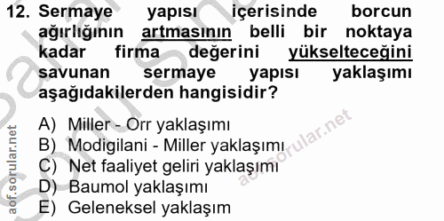 12. soru: Sermaye yapısı içerisinde borcun ağırliğının artmasının belli bir noktaya kadar firma değerini yükselteceğini savunan…