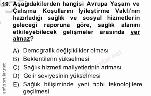 19. soru: Aşağıdakilerden hangisi Avrupa Yaşam ve Çalışma Koşullarını İyileştirme Vakfi'nın hazırladığı sağlık ve sosyal hizmet…