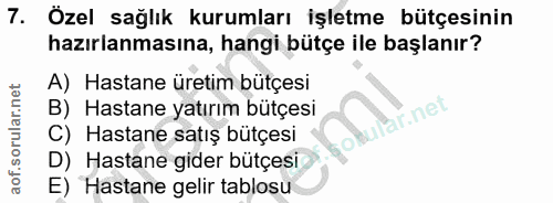 7. soru: Özel sağlık kurumları işletme bütçesinin hazırlanmasına, hangi bütçe ile başlanır? A) Hastane üretim bütçesi B) Hasta…