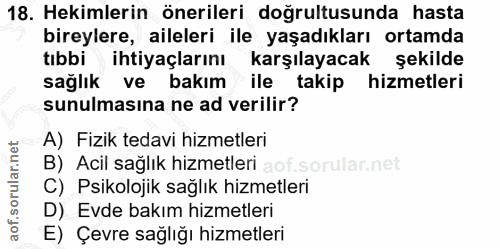 18. soru: Hekimlerin önerileri doğrultusunda hasta bireylere, aileleri ile yaşadıkları ortamda tıbbi ihtiyaçlarını karşılayacak…
