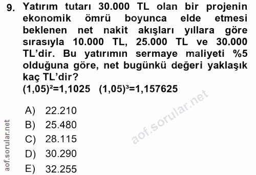 9. soru: Yatırım tutarı 30.000 TL olan bir projenin ekonomik ömrü boyunca elde etmesi beklenen net nakit akışları yıllara göre…
