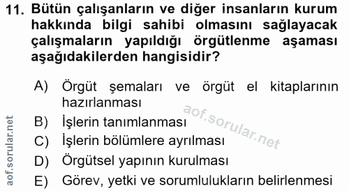11. soru: Bütün çalışanların ve diğer insanların kurum hakkında bilgi sahibi olmasını sağlayacak çalışmaların yapıldığı örgütle…