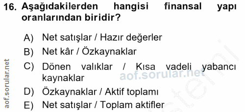 16. soru: Aşağıdakilerden hangisi finansal yapı oranlarından biridir? A) Net satışlar / Hazır değerler B) Net kâr / Özkaynaklar…