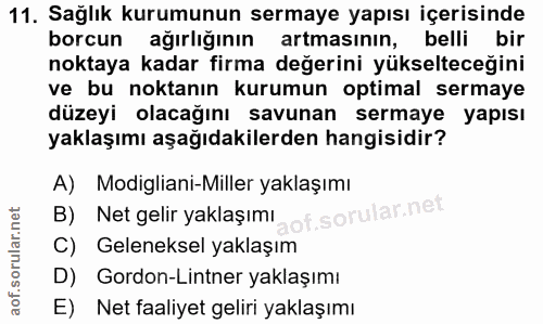 11. soru: Sağlık kurumunun sermaye yapısı içerisinde borcun ağırlığının artmasının, belli bir noktaya kadar firma değerini yüks…