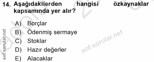 14. soru: Aşağıdakilerden hangisi özkaynaklar kapsamında yer alır? A) Borçlar B) Ödenmiş sermaye C) Stoklar D) Hazır değerler E…