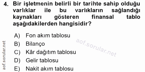 4. soru: Bir işletmenin belirli bir tarihte sahip olduğu varlıklar ile bu varlıkların sağlandığı kaynakları gösteren finansal…