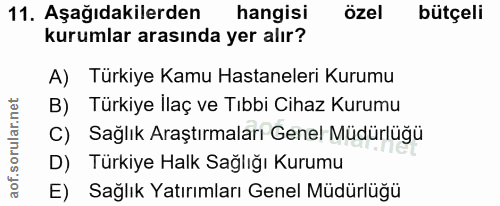 11. soru: Aşağıdakilerden hangisi özel bütçeli kurumlar arasında yer alır? A) Türkiye Kamu Hastaneleri Kurumu B) Türkiye İlaç v…