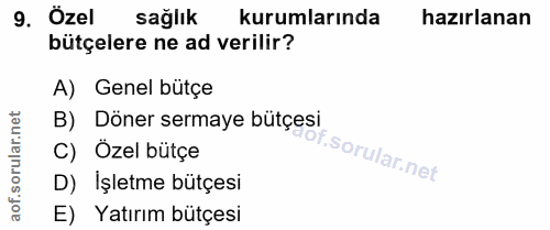 9. soru: Özel saglik kurumlarında hazırlanan bütçelere ne ad verilir? A) Genel bütçe orular.net B) Döner sermaye bütçesi C) Öz…