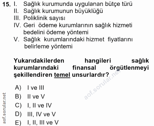 15. soru: I. Sağlık kurumunda uygulanan bütçe türü Il. Sağlık kurumunun büyüklüğu IlI. Poliklinik sayısı IV. Geri ödeme kurumla…