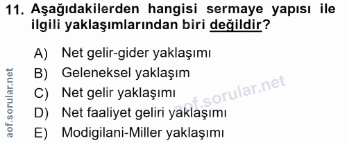 11. soru: Aşağıdakilerden hangisi sermaye yapısı ile ilgili yaklaşımlarından biri değildir? A) Net gelir-gider yaklaşımı B) Gel…