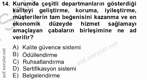 14. soru: Kurumda çeşitli departmanların gösterdiği kaliteyi geliştirme, koruma, iyileştirme, müşterilerin tam beğenisini kazan…