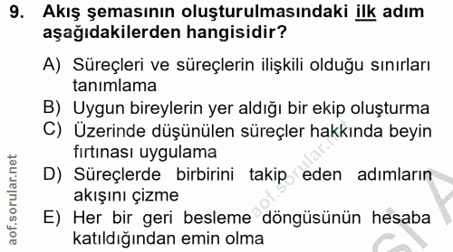 9. soru: Akış şemasının oluşturulmasındaki ilk adım aşağıdakilerden hangisidir? A) Süreçleri ve süreçlerin ilişkili olduğu sın…