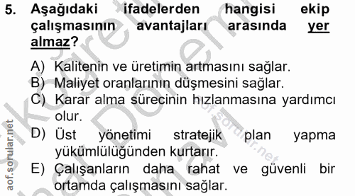 5. soru: Aşağıdaki ifadelerden hangisi ekip çalışmasının avantajları arasında yer almaz? A) Kalitenin ve üretimin artmasını sa…