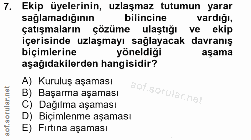 7. soru: Ekip üyelerinin, uzlaşmaz tutumun yarar sağlamadığının bilincine vardığı, çatışmaların çozüme ulaştığı ve ekip içeris…
