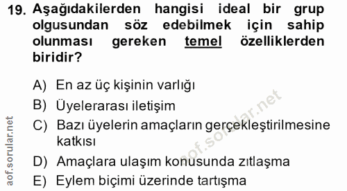 19. soru: Aşağıdakilerden hangisi ideal bir grup olgusundan söz edebilmek için sahip olunması gereken temel özelliklerden birid…