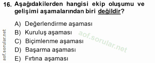 16. soru: Aşağıdakilerden hangisi ekip oluşumu ve gelişimi aşamalarından biri değildir? A) Değerlendirme aşaması B) Kuruluş aşa…