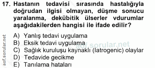 17. soru: Hastanın tedavisi sırasında hastalığıyla doğrudan ilgisi olmayan, düşme sonucu yaralanma, dekübitik ülserler durumlar…