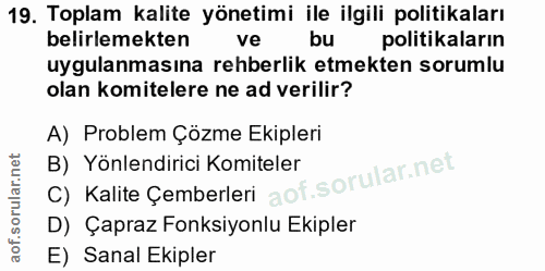 19. soru: Toplam kalite yönetimi ile ilgili politikaları belirlemekten ve bu politikaların uygulanmasına rehberlik etmekten sor…