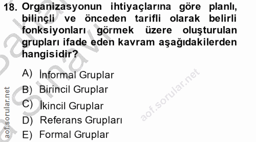 18. soru: Organizasyonun ihtiyaçlarına göre planlı, bilinçli ve önceden tarifli olarak belirli fonksiyonları görmek üzere oluşt…