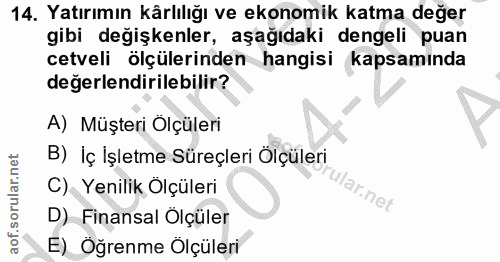 14. soru: Yatırımın kârlılığı ve ekonomik katma değer gibi değişkenler, aşağıdaki dengeli puan cetveli ölçülerinden hangisi kap…