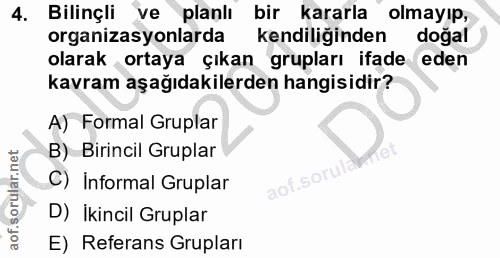 4. soru: Bilinçli ve planlı bir kararla olmayıp, organizasyonlarda kendiliğinden doğal olarak ortaya çıkan grupları ifade eden…