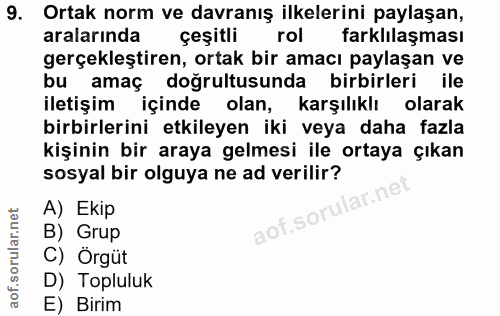 9. soru: Ortak norm ve davranış ilkelerini paylaşan, aralarında çeşitli rol farklılaşması gerçekleştiren, ortak bir amacı payl…