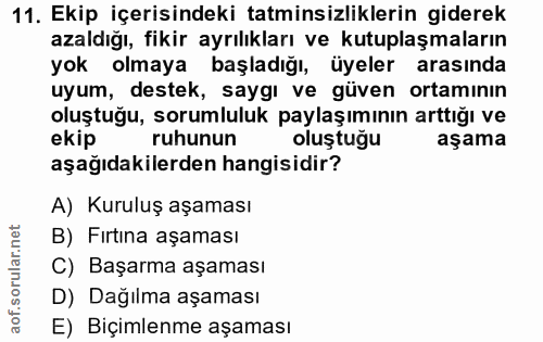 11. soru: Ekip içerisindeki tatminsizliklerin giderek azaldığı, fikir ayrılıkları ve kutuplaşmaların yok olmaya başladığı, üyel…