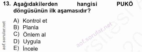 13. soru: Aşağıdakilerden hangisi PUKÖ döngüsünün ilk aşamasıdır? A) Kontrol et B) Planla C) Önlem al D) Uygula E) incele