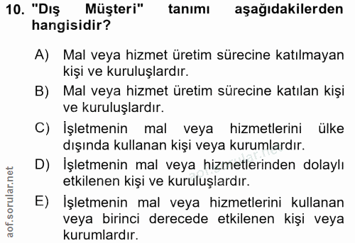 10. soru: "Dış Müşteri" tanımı aşağıdakilerden hangisidir? A) Mal veya hizmet üretim sürecine katılmayan kişi ve kuruluşlardır.…