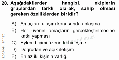 20. soru: Aşağıdakilerden hangisi, ekiplerin gruplardan farklı olarak, sahip olması gereken özelliklerden biridir? A) Amaçlara…