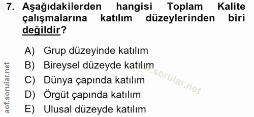 7. soru: Aşağıdakilerden hangisi Toplam Kalite çalışmalarına katılım düzeylerinden biri değildir? A) Grup düzeyinde katılım B)…