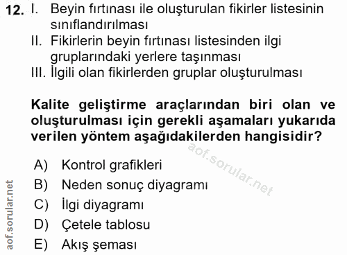 12. soru: I. Beyin fırtınası ile oluşturulan fikirler listesinin sınıflandırılması II. Fikirlerin beyin fırtınası listesinden i…