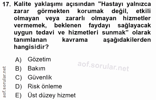 17. soru: Kalite yaklaşımı açısından "Hastayı yalnızca zarar görmekten korumak değil, etkili olmayan veya zararlı olmayan hizme…