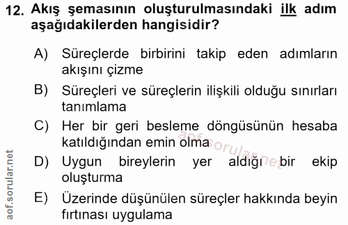 12. soru: Akış şemasının oluşturulmasındakı ilk adım aşağıdakilerden hangisidir? A) Süreçlerde birbirini takip eden adımların a…