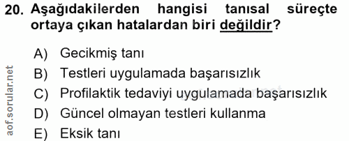 20. soru: Aşağıdakilerden hangisi tanısal süreçte ortaya çıkan hatalardan biri değildir? A) Gecikmiş tanı B) Testleri uygulamad…