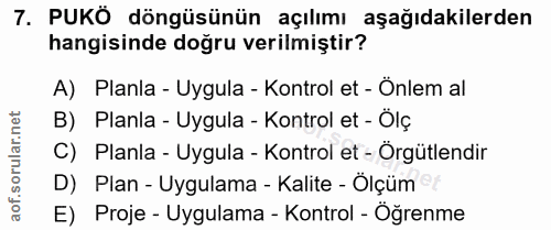 7. soru: PUKÖ döngüsünün açılımı aşağıdakilerden hangisinde doğru verilmiştir? A) Planla - Uygula - Kontrol et - Önlem al B) P…