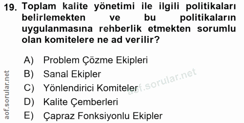19. soru: Toplam kalite yönetimi ile ilgili politikaları belirlemekten ve bu politikaların uygulanmasına rehberlik etmekten sor…