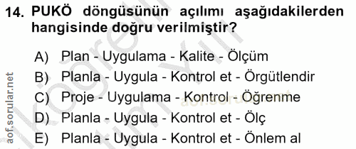14. soru: PUKÖ döngüsünün açılımı aşağıdakilerden hangisinde doğru verilmiştir? A) Plan - Uygulama - Kalite - Ölçüm B) Planla -…