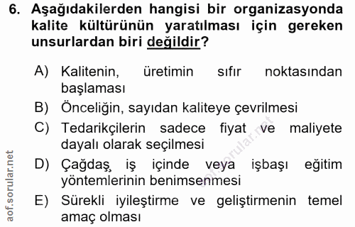 6. soru: Aşağıdakilerden hangisi bir organizasyonda kalite kültürünün yaratılması için gereken unsurlardan biri değildir? A) K…