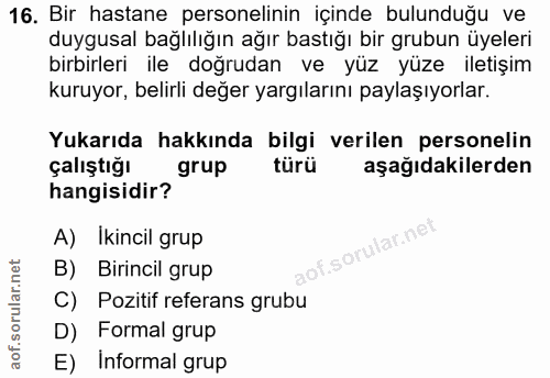 16. soru: Bir hastane personelinin içinde bulunduğu ve duygusal bağlılığın ağır bastığı bir grubun üyeleri birbirleri ile doğru…