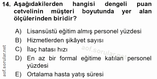 14. soru: Aşağıdakilerden hangisi dengeli puan cetvelinin müşteri boyutunda yer alan ölçülerinden biridir? A) Lisansüstü egitim…