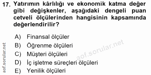 17. soru: Yatırımın kârlılığı ve ekonomik katma değer gibi değişkenler, aşağıdaki dengeli puan cetveli ölçülerinden hangisinin…