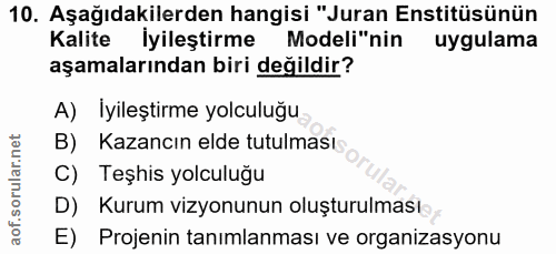 10. soru: Aşağıdakilerden hangisi "Juran Enstitüsünün Kalite İyileştirme Modeli"nin uygulama aşamalarından biri değildir? A) Iy…