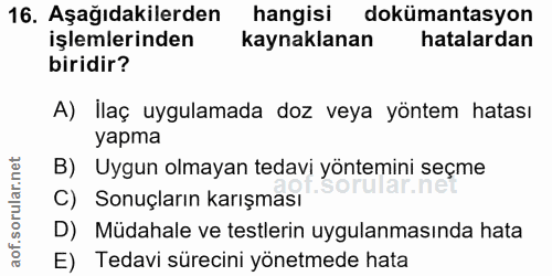 16. soru: Aşağıdakilerden hangisi dokümantasyon işlemlerinden kaynaklanan hatalardan biridir? A) İlaç uygulamada doz veya yönte…